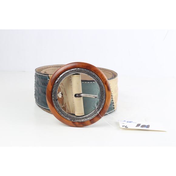 Green Baige Patchwork Leather Round Buckle Wide Adjustable Waist Belt Size 90 main image 10
